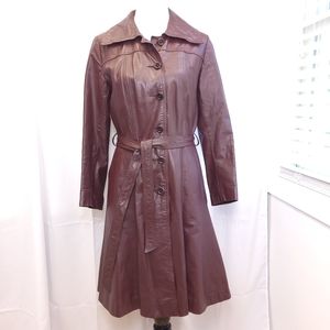 Genuine leather midi dress peacoat trench coat M button down brown